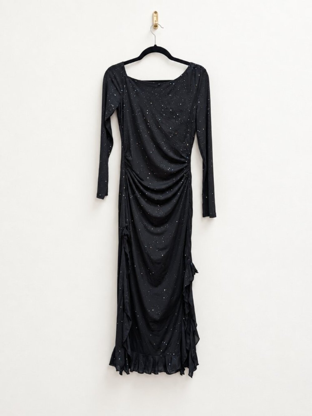 Dresstells Black Asymmetrical Neckline Long-Sleeve Ruffle Hem Dress